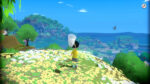 A screenshot from the game Natsu-Mon: 20th Century Summer Kid Tile screen. Featuring the main character with a bug net on top of a flowery hill