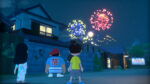 A screenshot from the game Natsu-Mon: 20th Century Summer Kid Tile screen. Featuring the main character attending a festival with fireworks in the sky