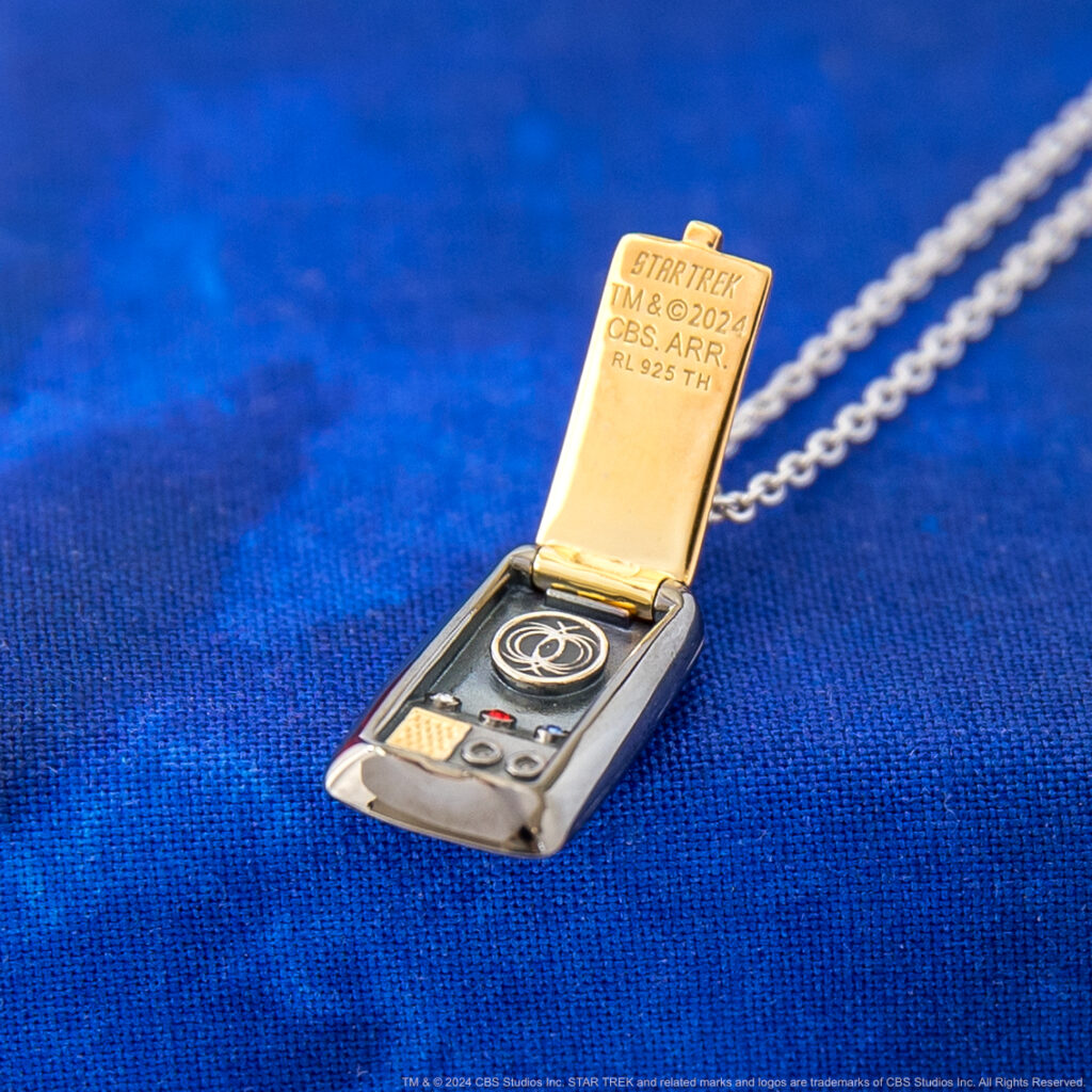 Star Trek: The Original Series Communicator Pendant displayed open to reveal inner details by Rocklove Jewelry