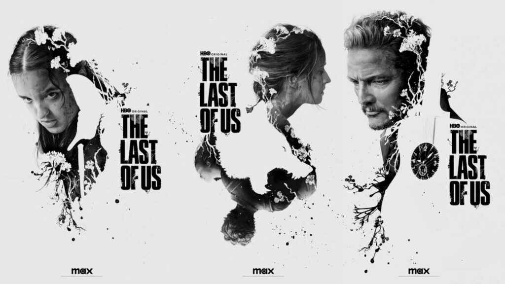 3 official art pieces for the last of us season 2. a broken up image of ellie looking down, abby looking away, and Joel looking down.