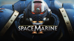 Space Marine 2 Logo with an Ultra Marine face behind it