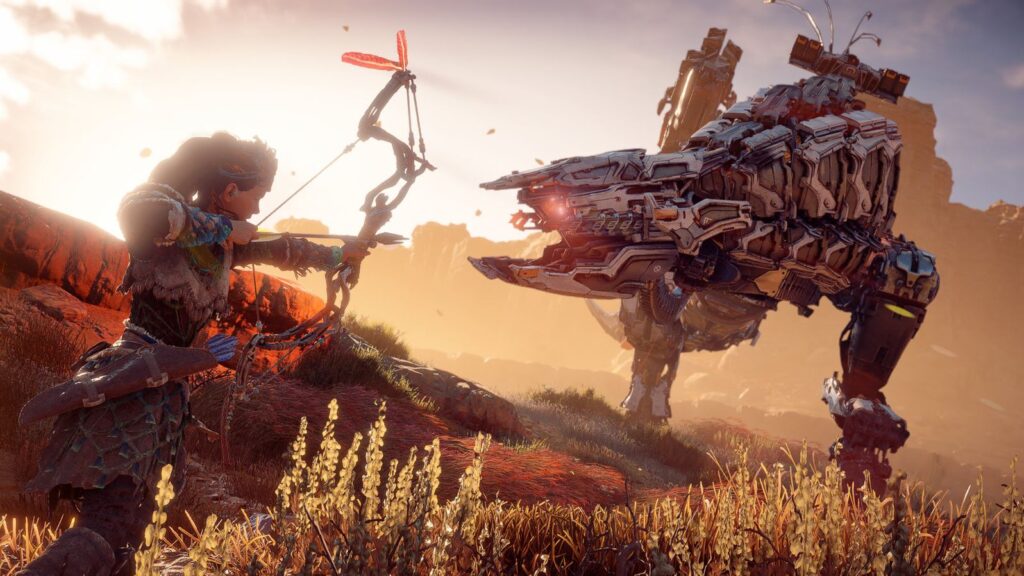 Aloy from Horizon Zero Dawn preparing to shoot an arrow at a robot dinosaur