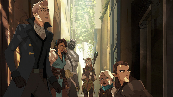 L-R: Percy (Taliesin Jaffe), Vex (Laura Bailey), Grog (Travis Willingham), Keyleth (Marisha Ray), Pike (Ashley Johnson), Vax (Liam O'Brien)