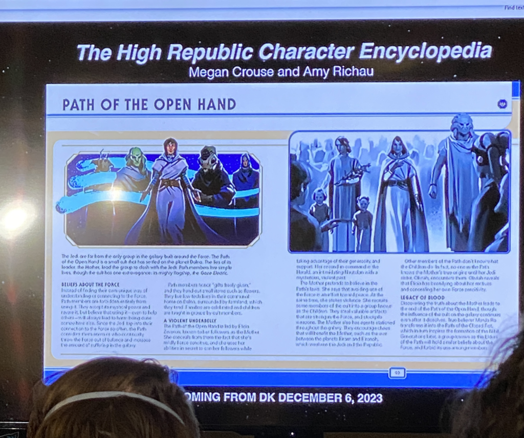 A page from the High Republic Character Encyclopedia as revealed at the Lucasfilm Publishing Panel at NYCC 2023- this page is about the Path of the Open Hand