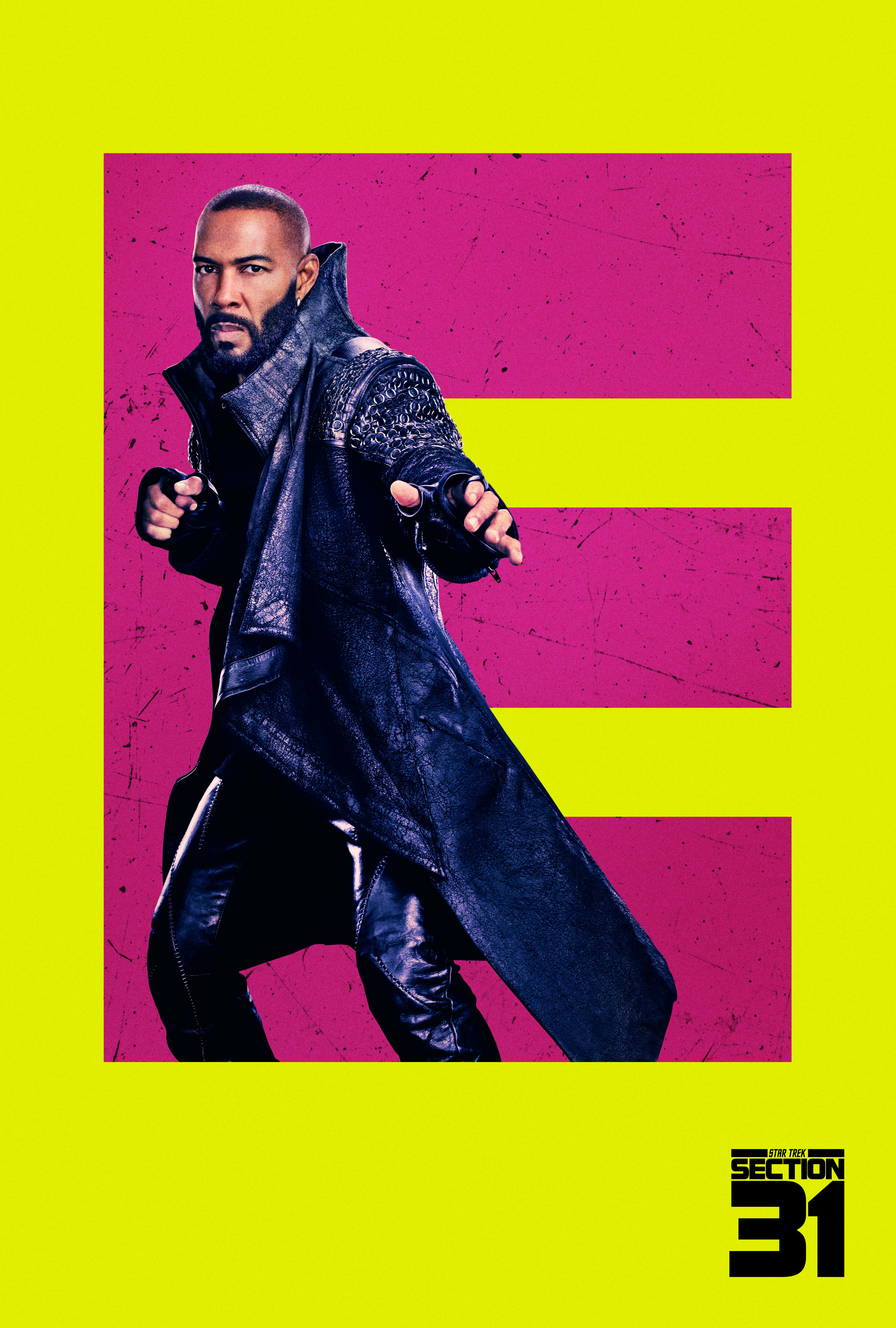 Star Trek Section 31 Teaser Art featuring Omari Hardwick as Alok posing in costume layered on top of the letter E from the series title