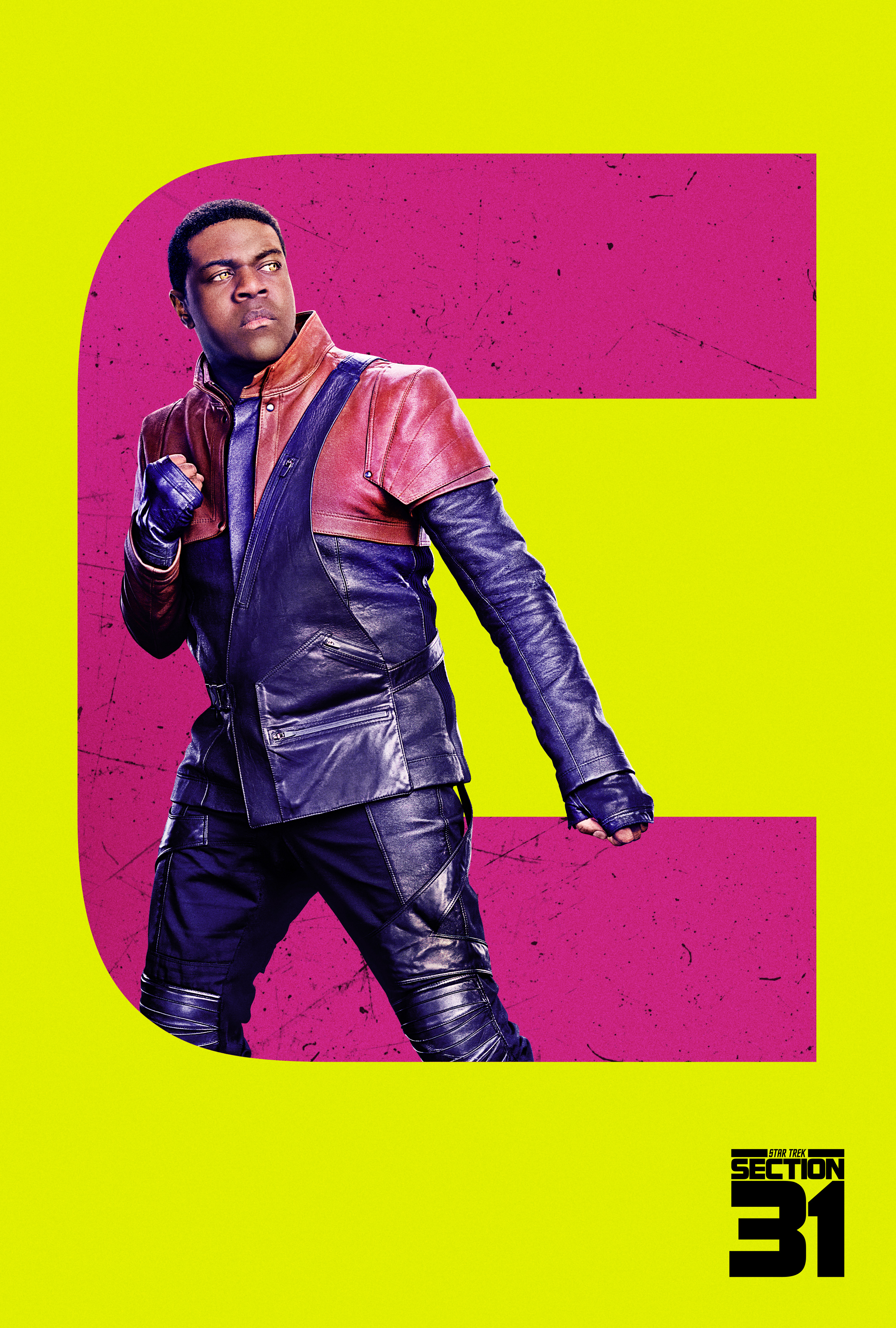 Star Trek Section 31 Teaser Art with Sam Richardson as Quasi in costume posing with one arm close to chest and the other arm stretched out and he is layered on top of the letter C from the series title. 