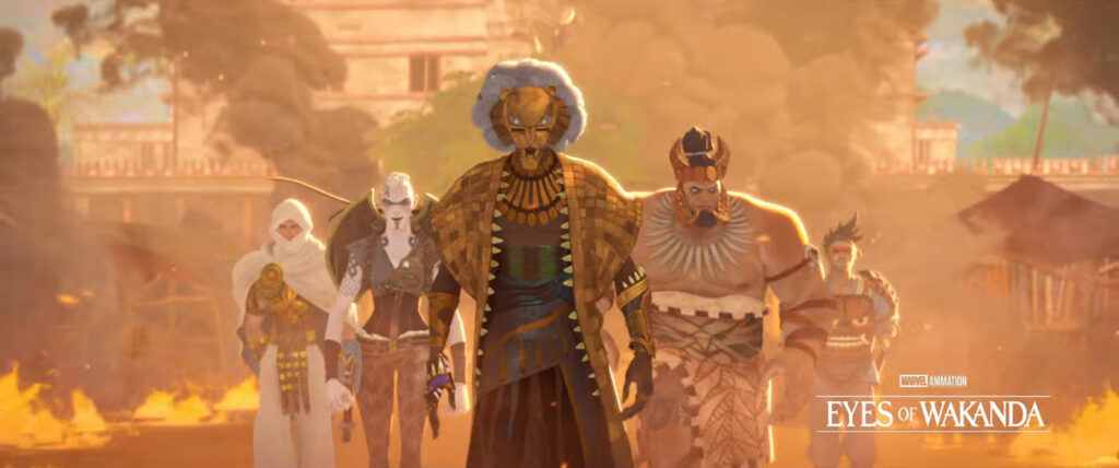 New characters dressed in Wakandan garb in "Eyes of Wakanda". Screenshot from the Disney+ Marvel 2025 "Look Ahead" trailer.