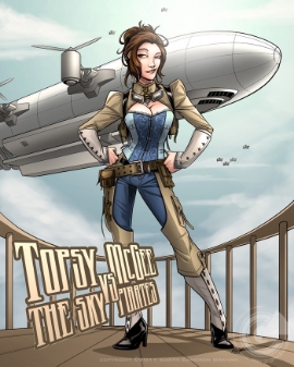 A light-skinned woman with brown hair tied up stands on a platform in an action jumpsuit. An airship flies behind her.