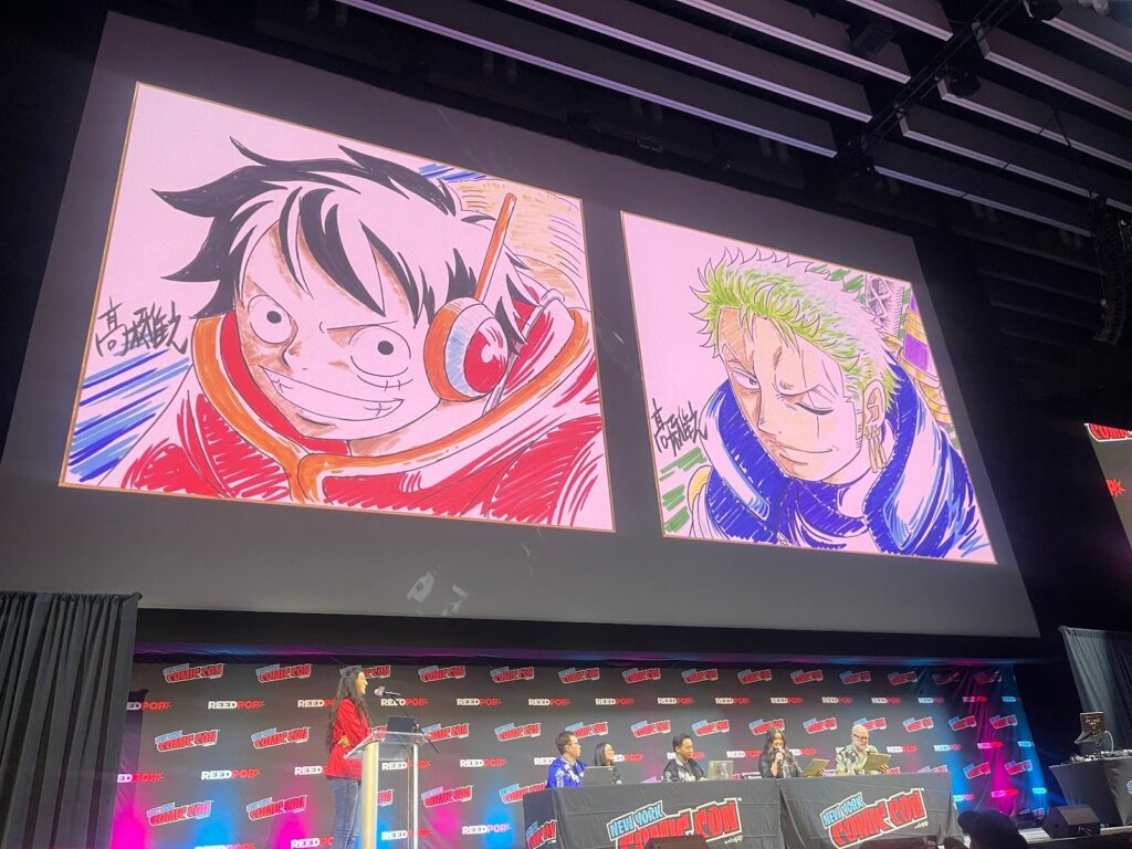 drawn characters of luffy and zoro at one piece new york comic con panel