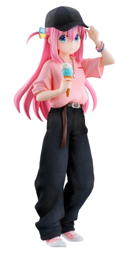 hitori gotoh with a pink shirt and black pants, holding an ice cream cone and wearing a black cap