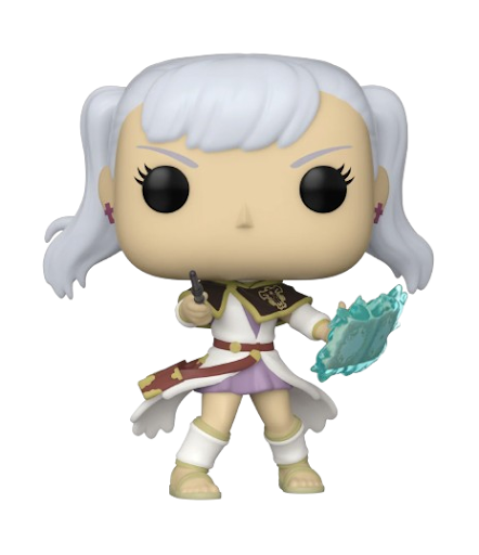 black clover noelle funko pop with white hair, holding a wand in one hand and a book in the other