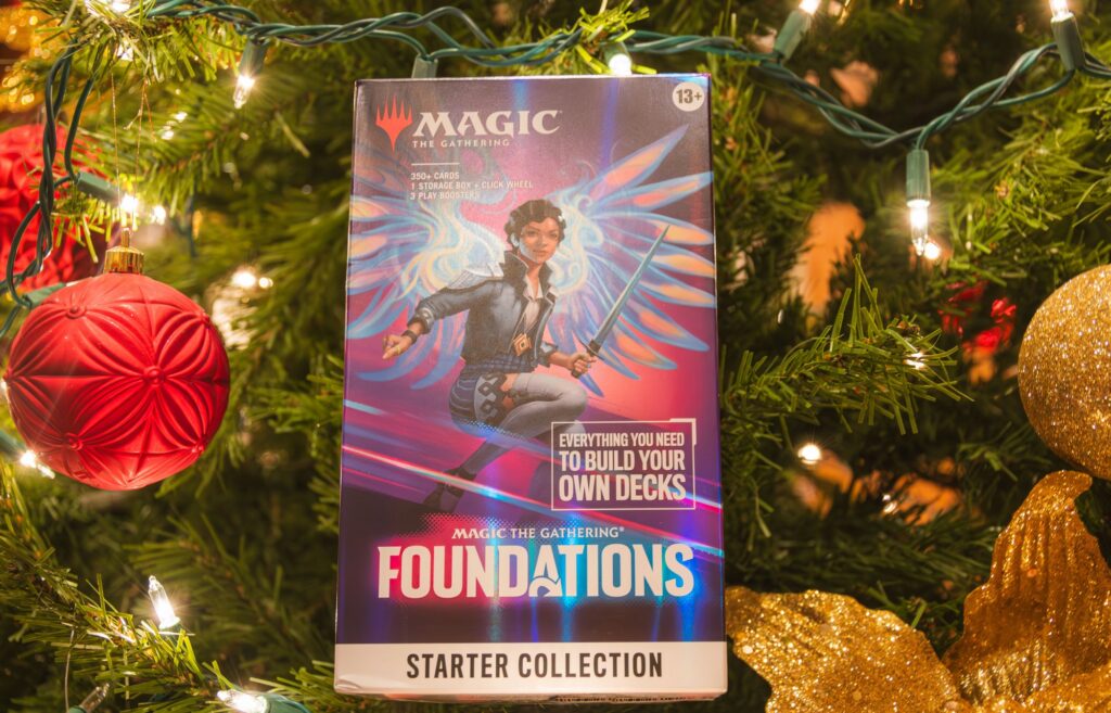 Magic: The Gathering Foundations Stater Box in a christmas tree