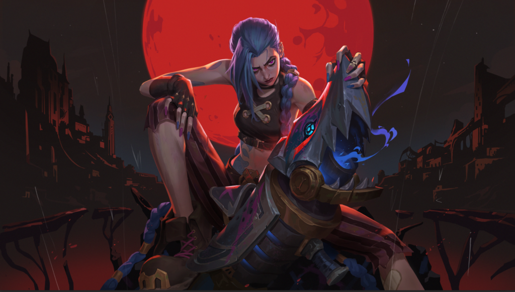 Jinx from Arcane in Into the Arcane Teamfight Tactics sitting onto of her weapon