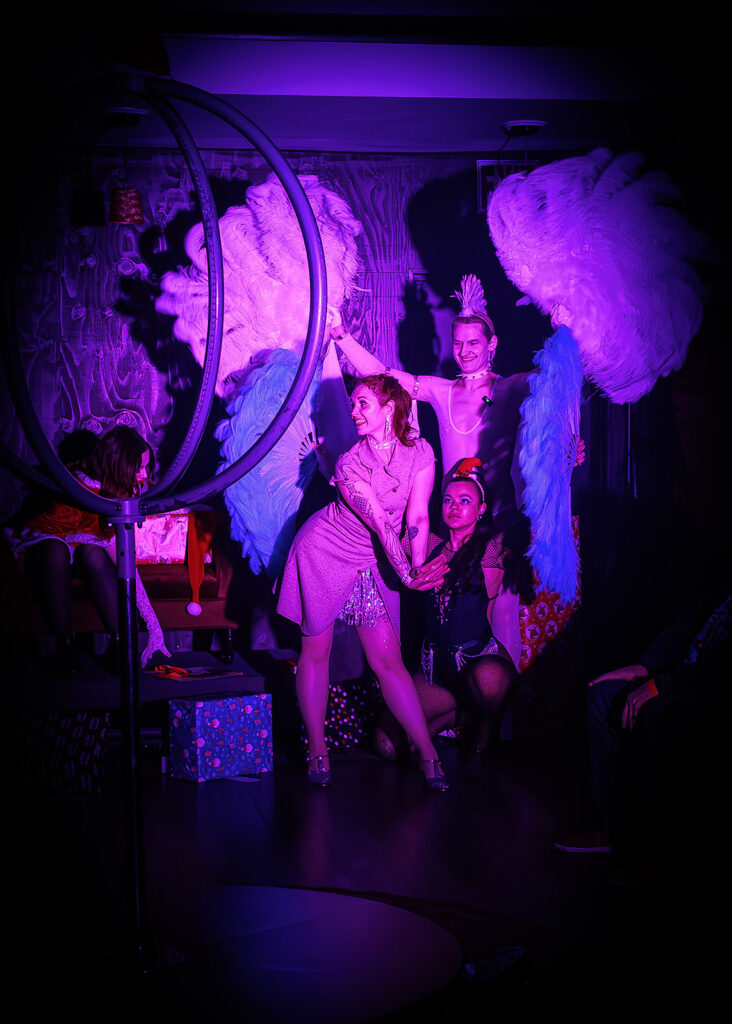 picture of woman performing burlesque with large fans 