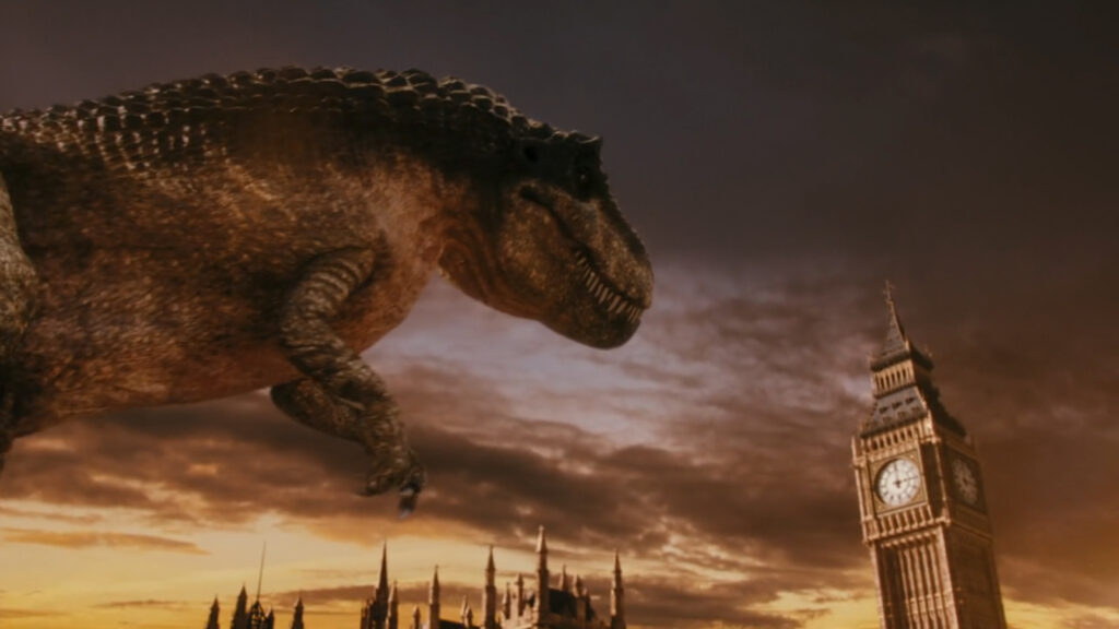 A large T-Rex stalks towards Big Ben