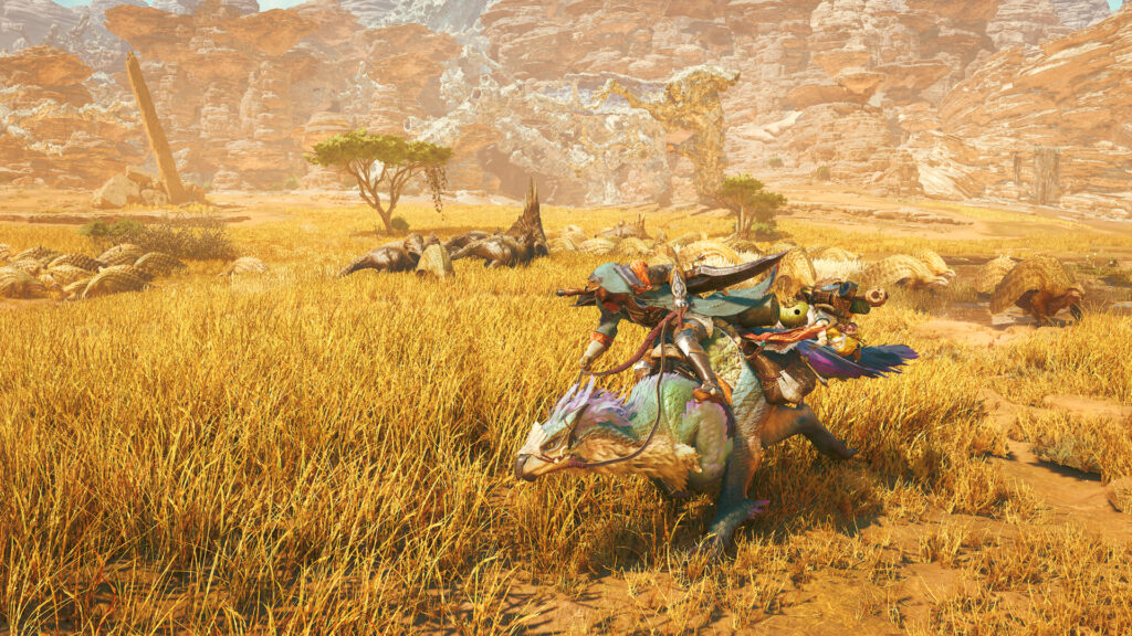 Monster Hunter Wilds landscape with Seikret mount