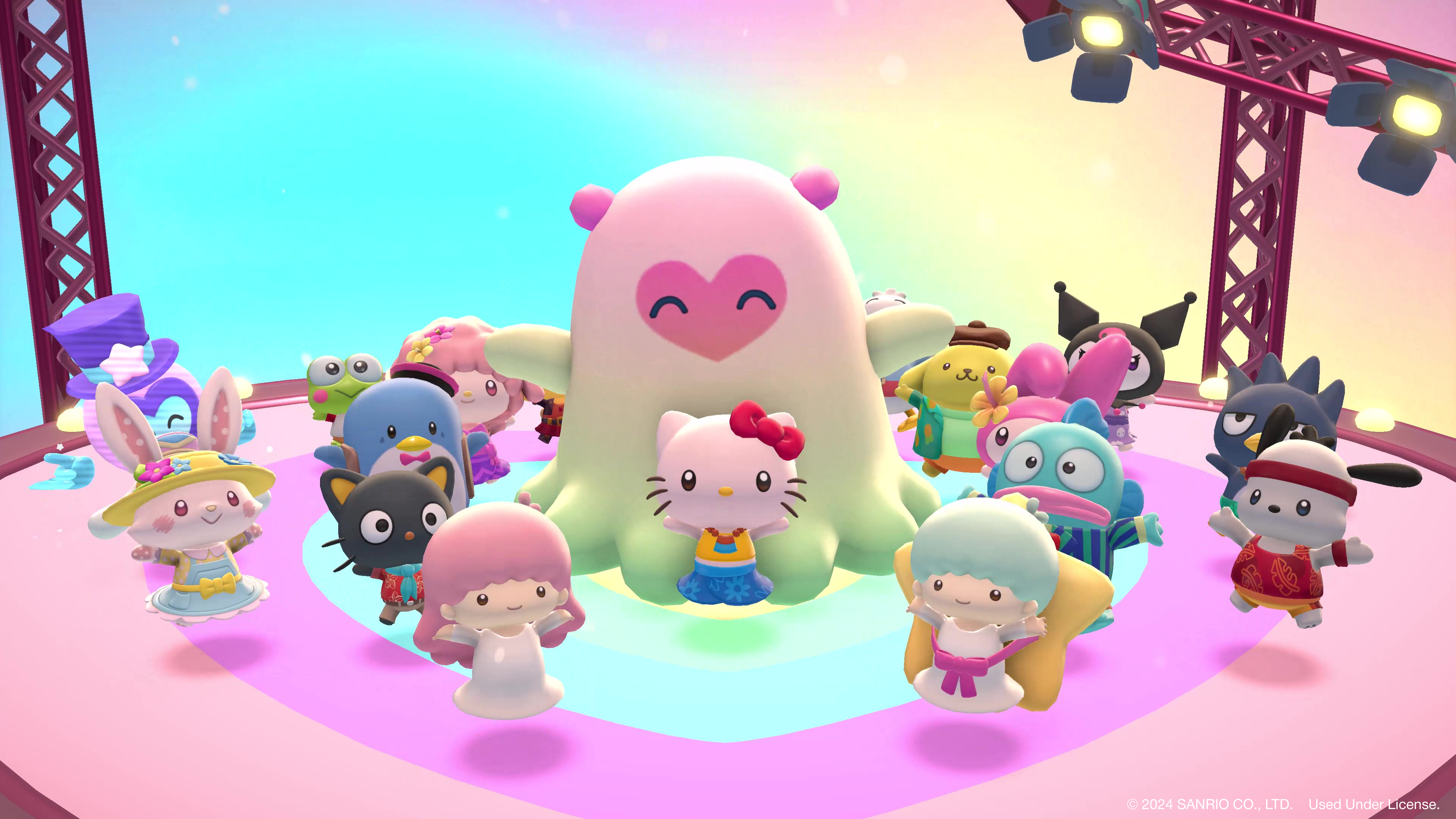 Sanrio characters gather and smile in Hello Kitty Island Adventure