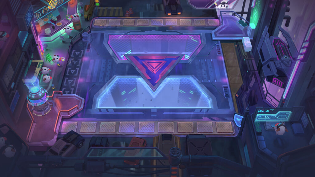 Cyber City Arena for new update. Demonstrating the city where players can lay out their teams.