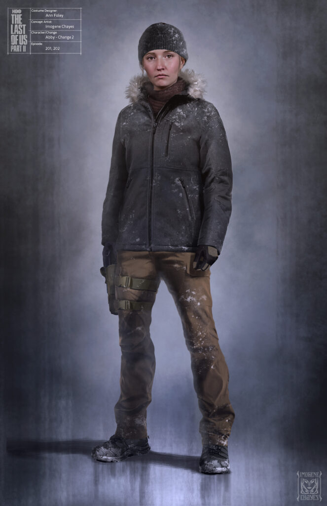Illustration of Abby from The Last of Us season 2. fur-lined winter coat with a hat and tan cargo pants.