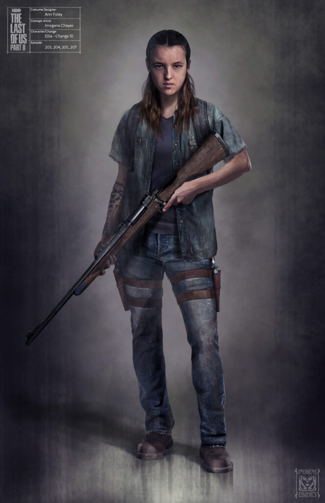Illustration of Ellie from The Last of Us season 2. cut off button-up shirt over a darker t-shirt. blue jeans and holding a rifle