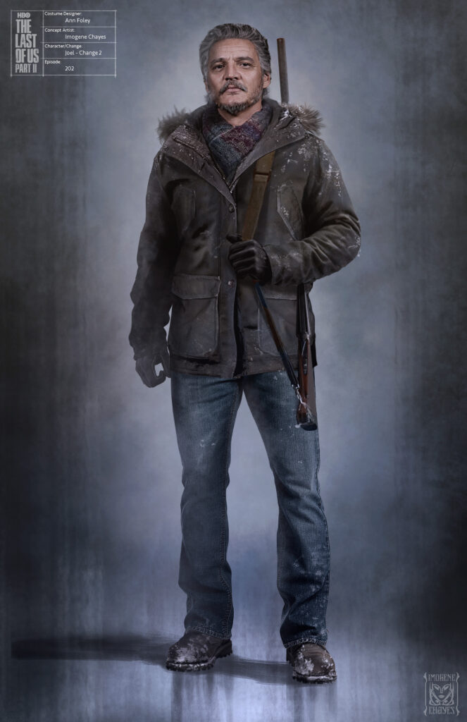Illustration of Joel from season 2 of The Last of Us. Fur-lined winter coat and jeans.