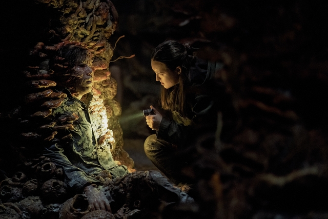 Infected stuck to a wall by cordyceps. Ellie kneels in front of them with a flashlight.