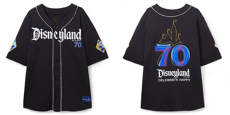 A black baseball inspired jersey- button up with white detailing. On the front, the Disneyland resort logo with Mickey standing on the "D". On the sleeves, diamonds- one with Donald in it and one with Goofy. On the back, the Disneyland 70th anniversary logo.