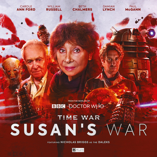 The cover for the first installment of "Susan's War", a Doctor Who audio spinoff. The cover features Ian (William Russell), Susan (Carole Ann Ford), and the 8th Doctor (Paul McGann) alongside various Daleks.