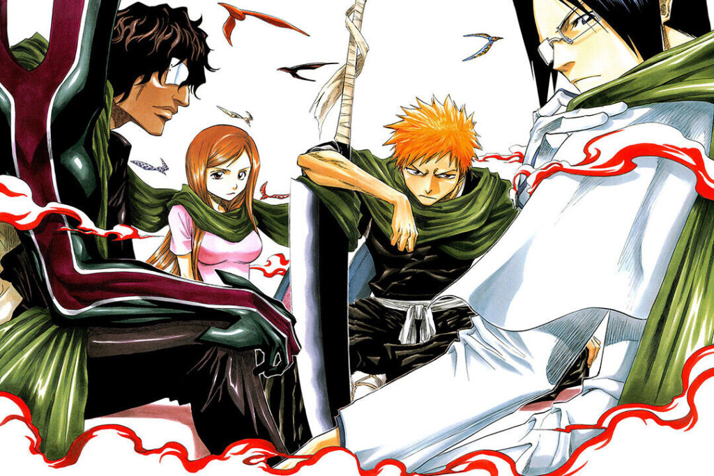 Yasutora "Chad" Sado, Orihime Inoue, Ichigo Kurosaki, and Uryu Ishida in "Bleach."