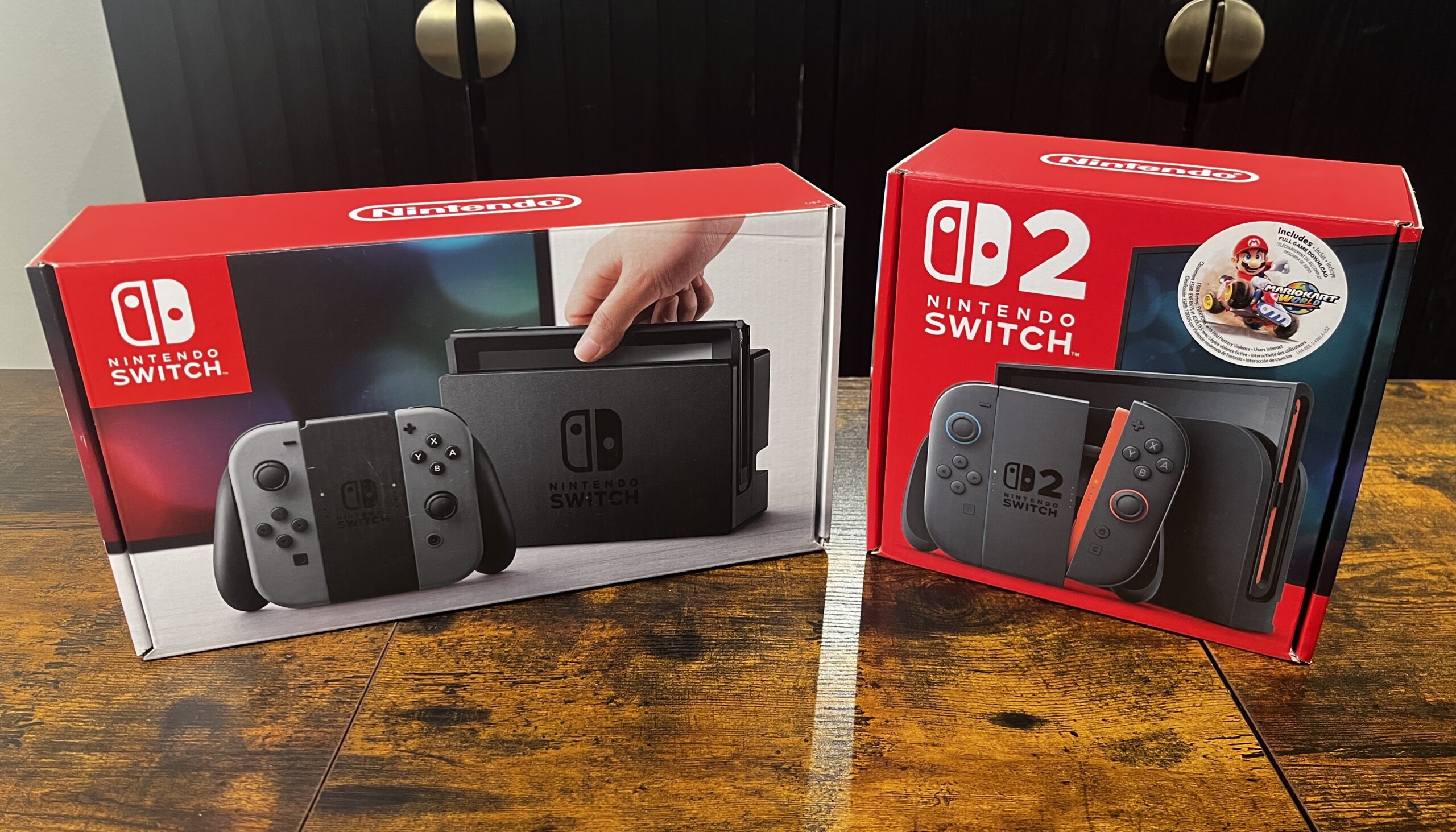 Nintendo Switch and Nintendo Switch 2 box comparison.