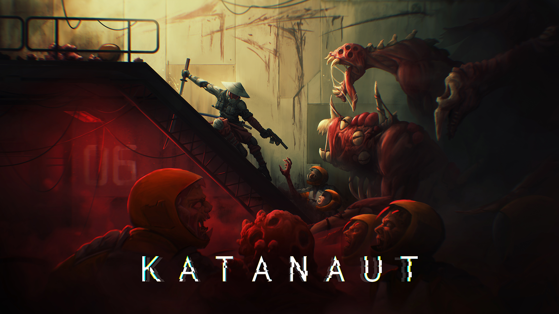 Image of the main character, Naut, sliding down an incline, gun drawn and aimed at one of the many monsters fought in-game.