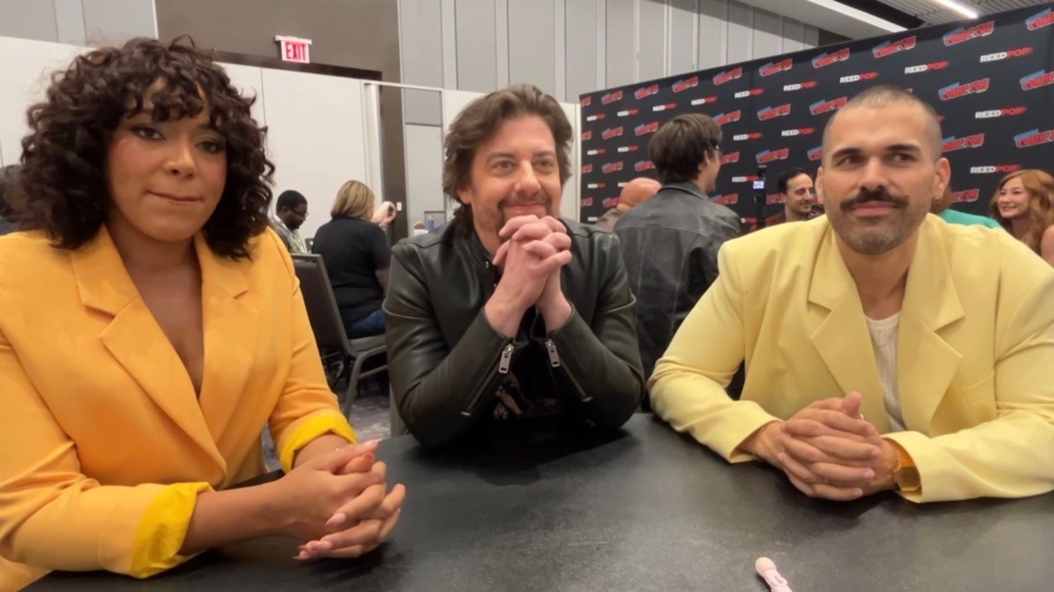 Lilli Cooper (Velvette), Christain Borle (Vox), and Joel Perez (Valentino) at NYCC - Hazbin Hotel