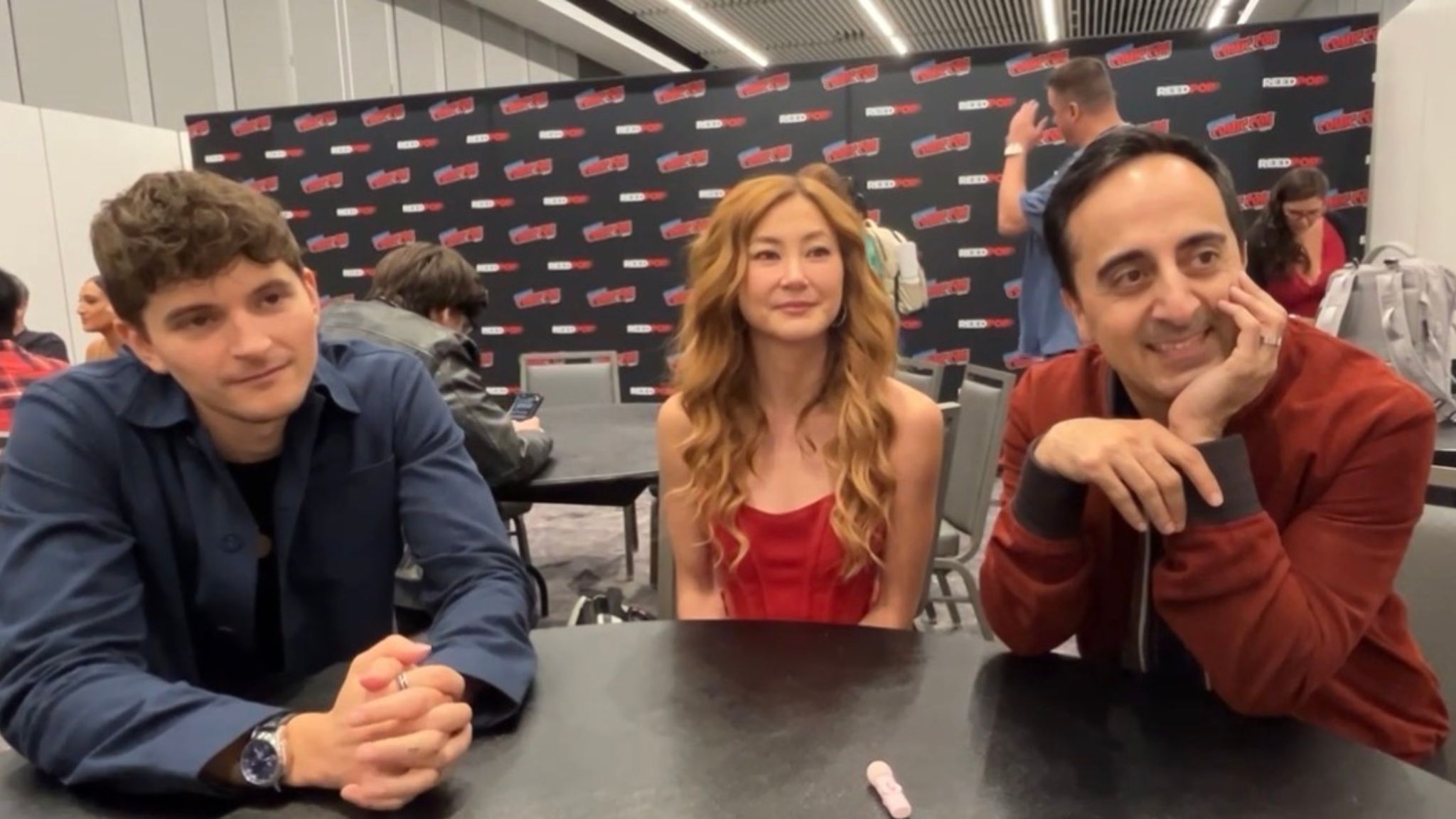 L to R: Blake Roman (Angel Dust), Kimiko Glenn (Nifty), and Amir Talai (Alastor) from Hazbin Hotel