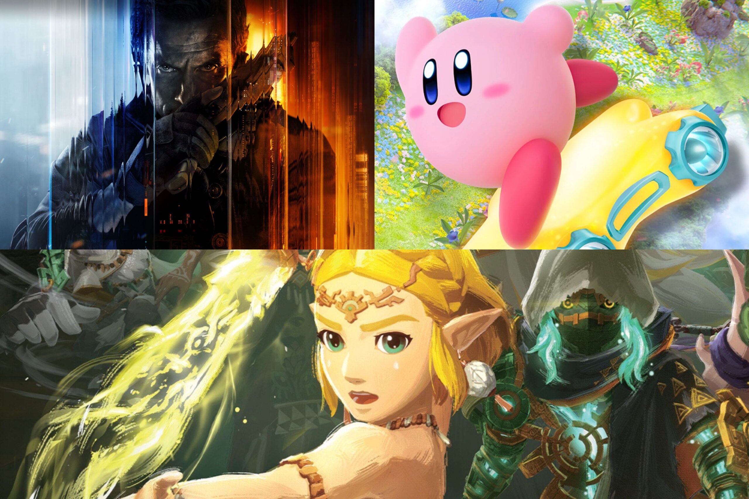 An image depicting Call of Duty: Black Ops 7, Kirby Air Riders, and Hyrule Warriors: Age of Imprisonment.