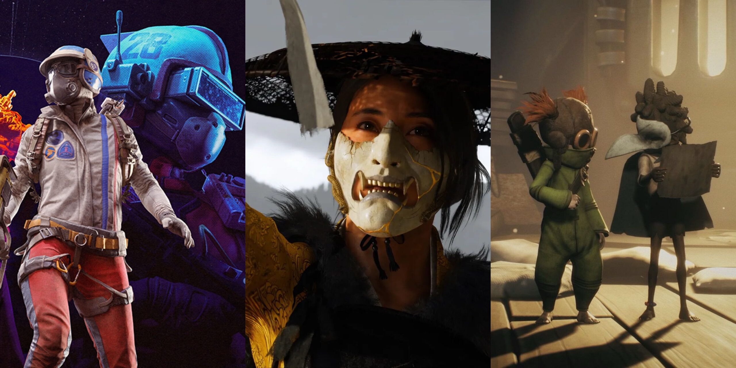 An image depicting three games coming out in October of 2025: ARC Raiders, Ghost of Yotei, and Little Nightmares III.