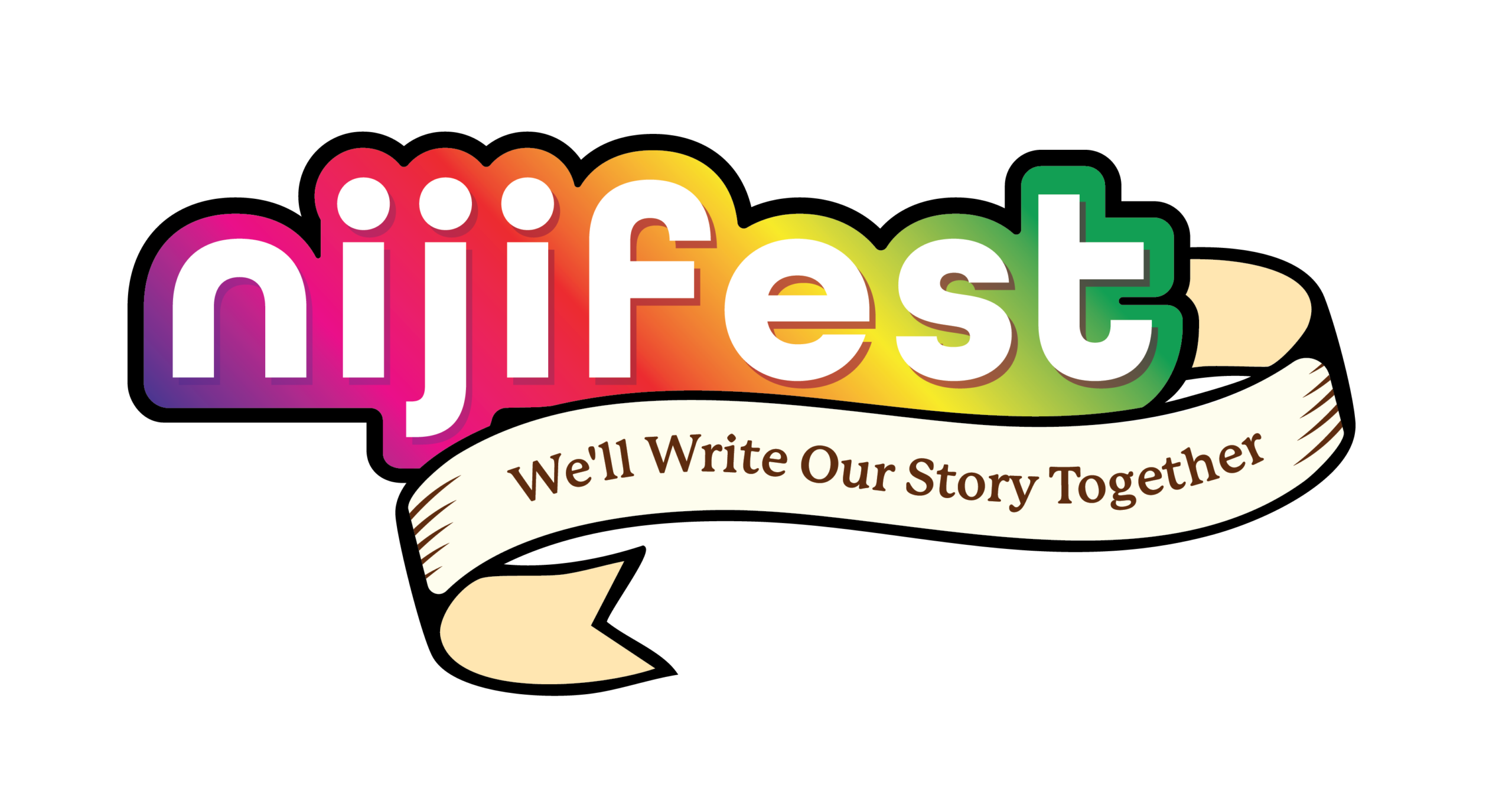 A rainbow logo "Nijifest" with a slogan "we'll write our story together"