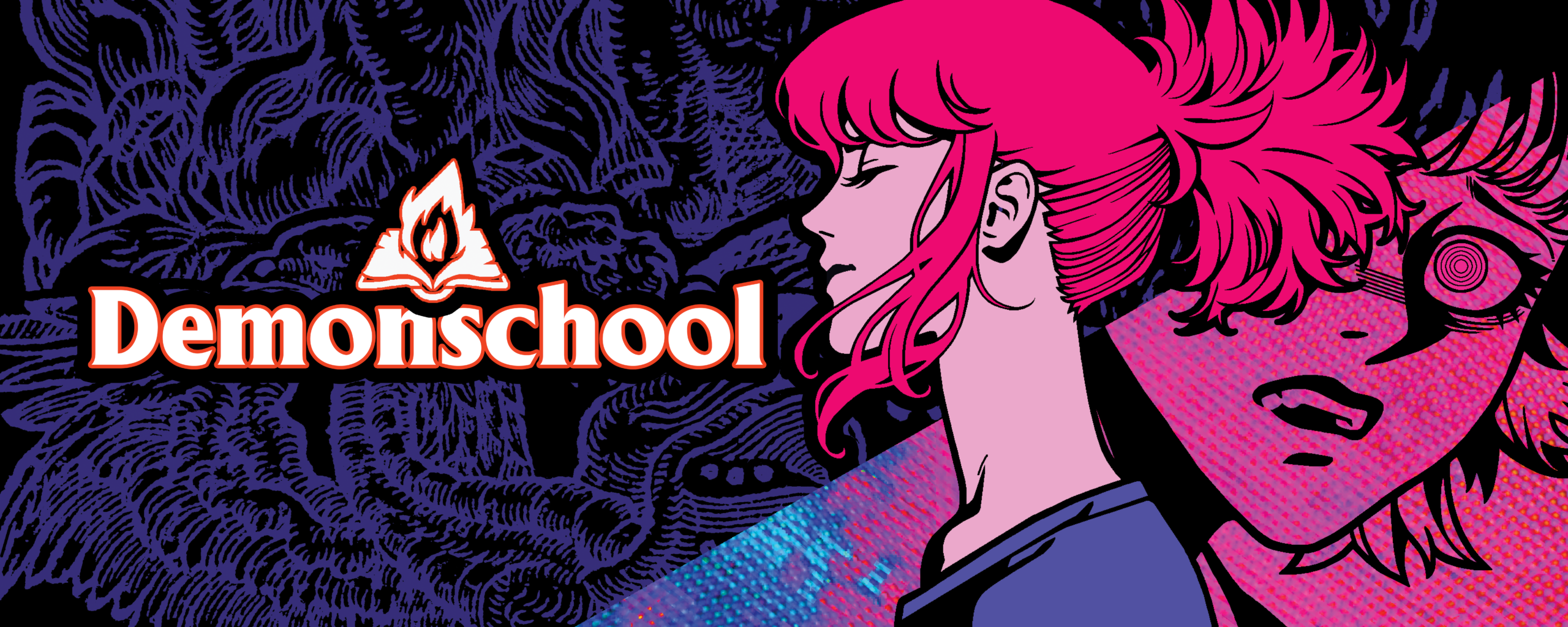 An image showing the Demonschool title next o a profile drawing of the main character, Faye.