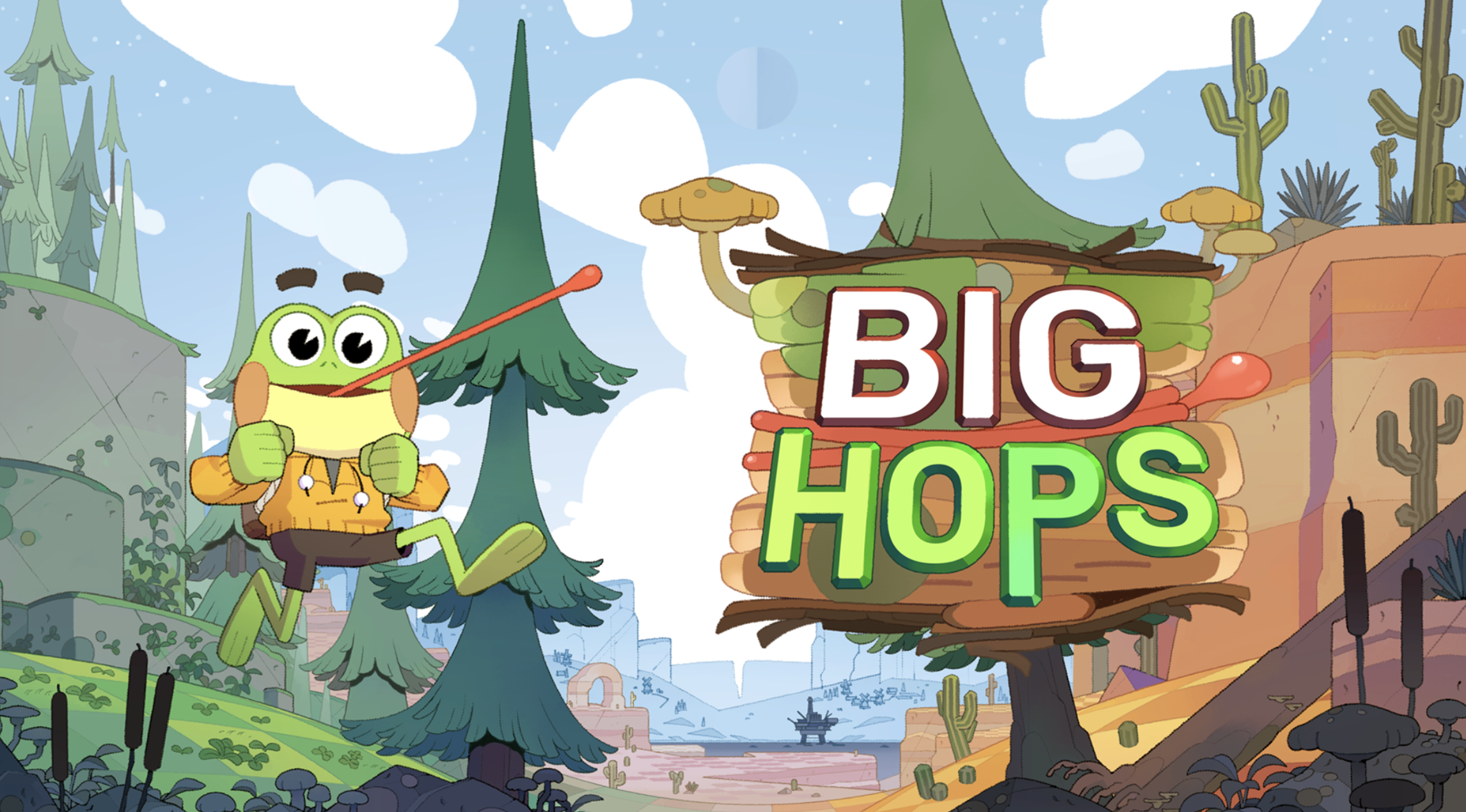 An image showing a frog jumping to the left of a sign with the words "Big Hops" in front of a background of trees.