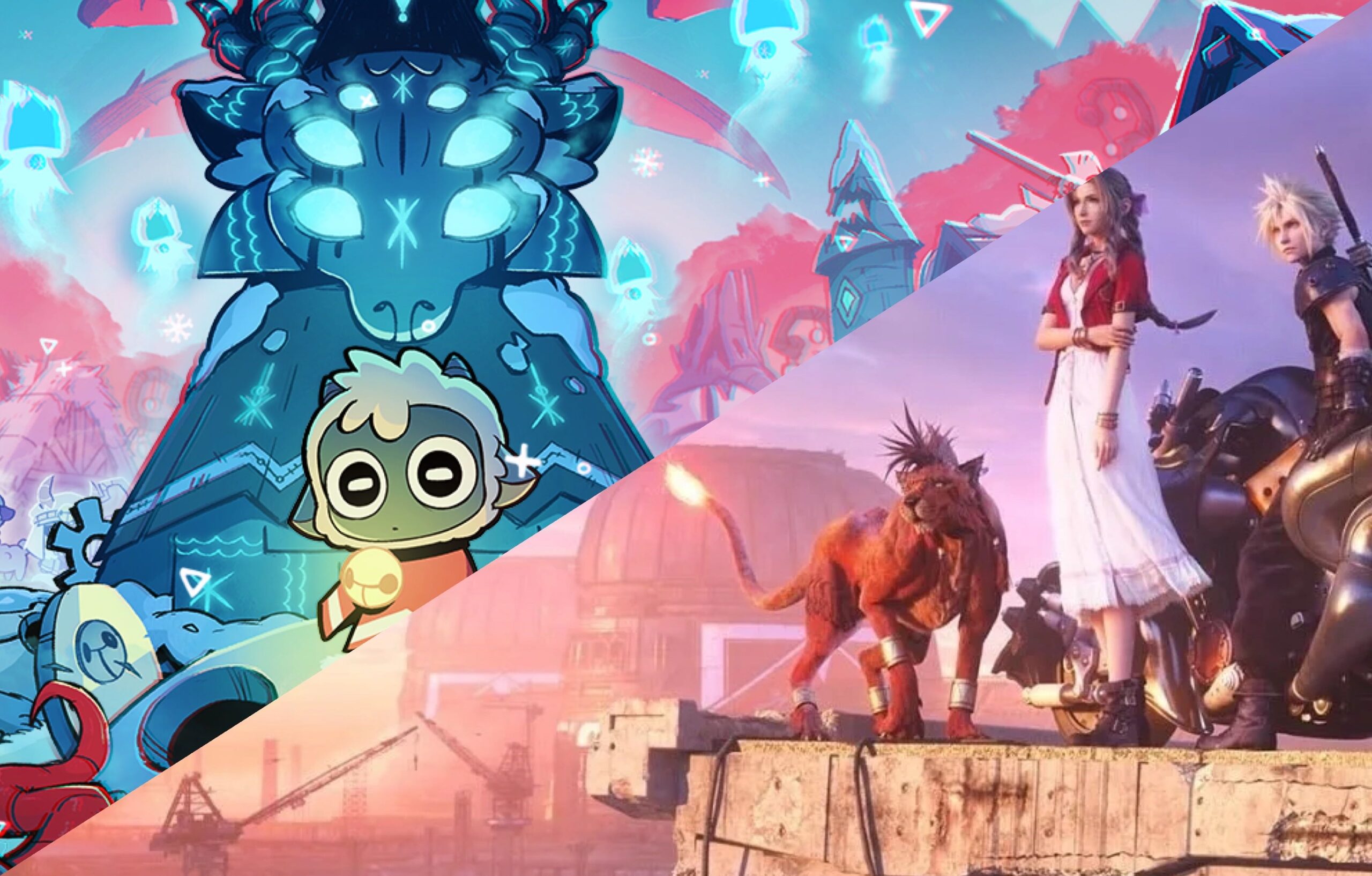 An image depicting key art from Cult of Lamb Woolhaven and Final Fantasy VII Remake Intergrade.