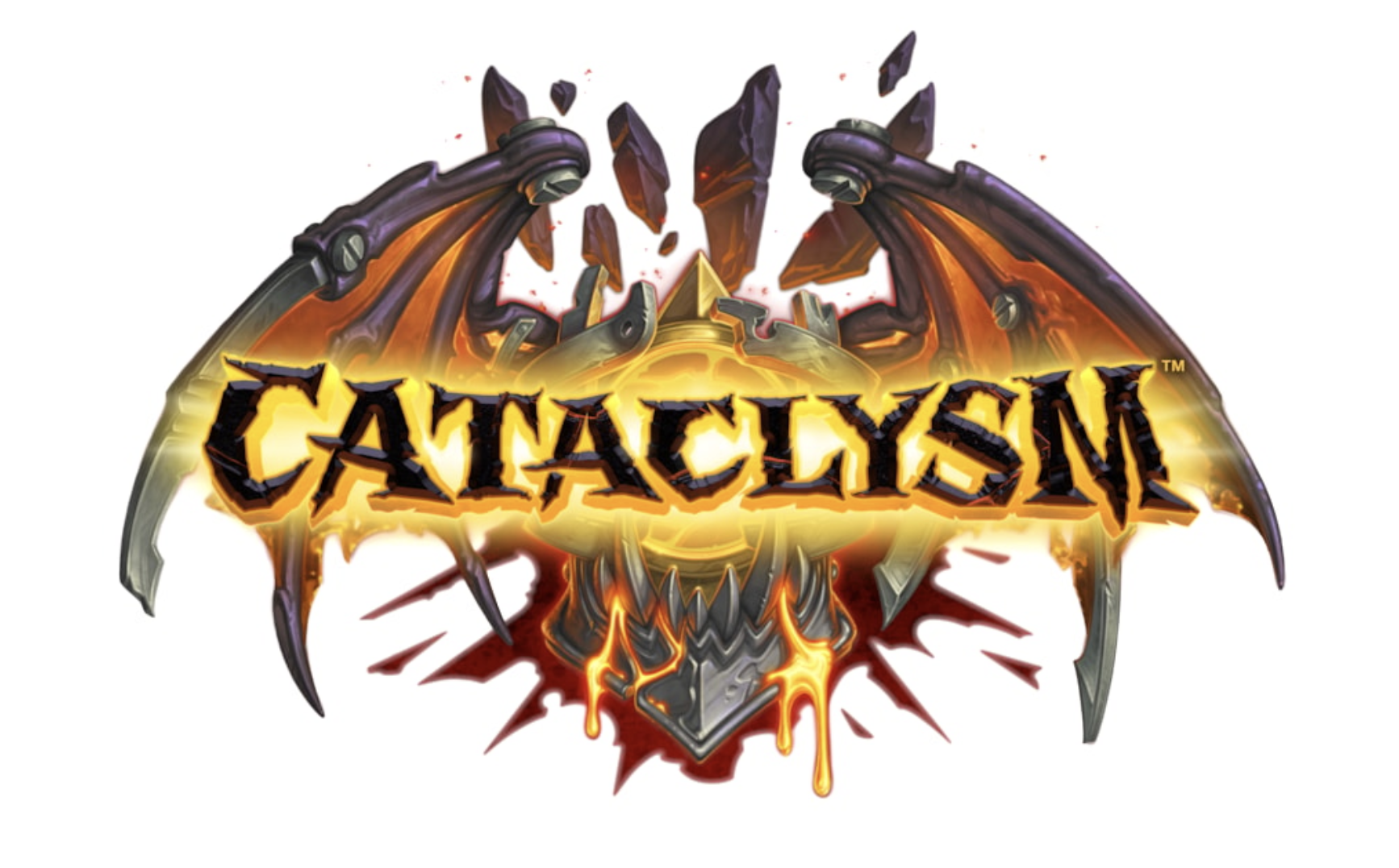 The words 'Cataclysm' emblazoned over a pair of dragon wings on a white background.