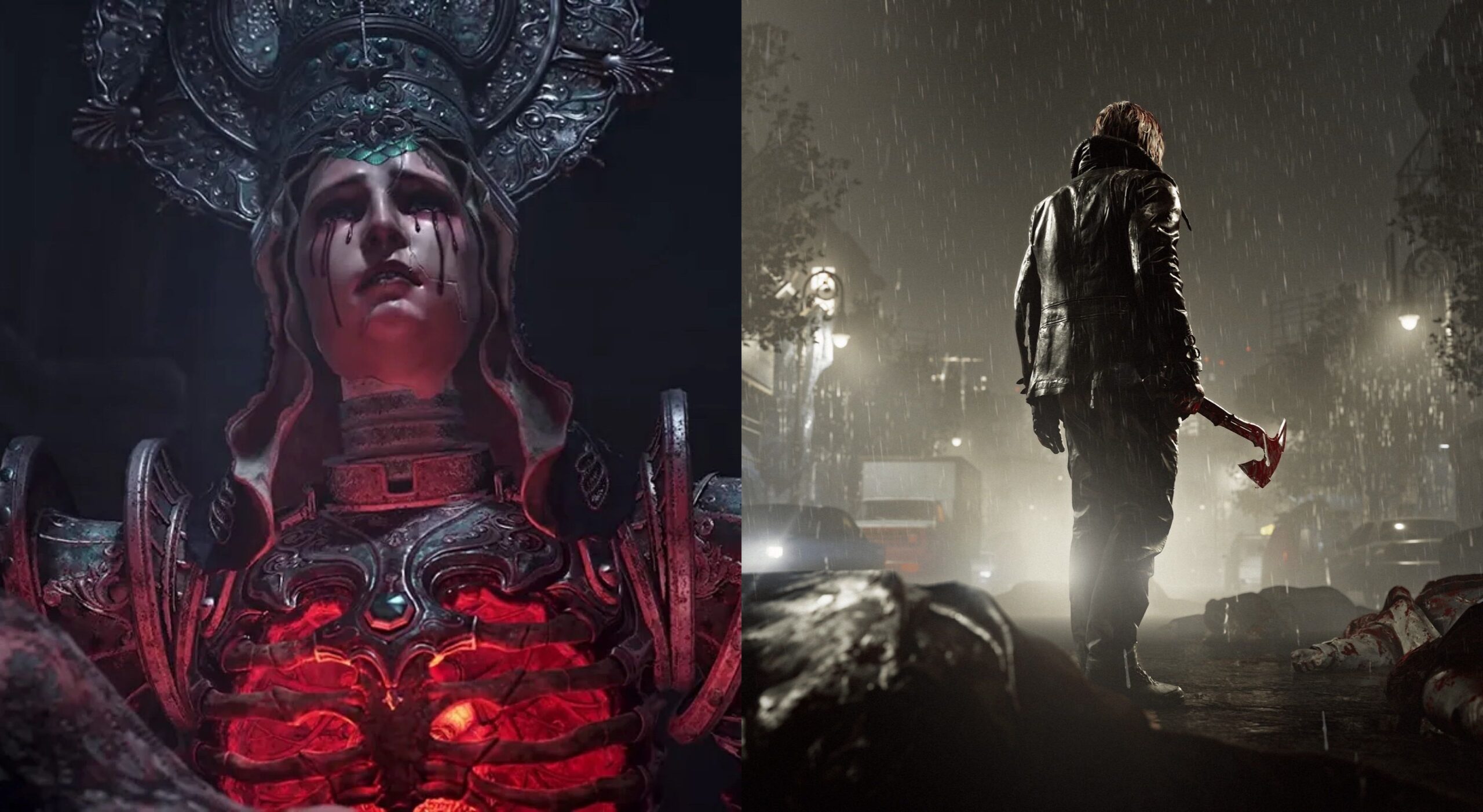 A split image depicting graphics from Crisol: Theater of Idols and Resident Evil Requiem.