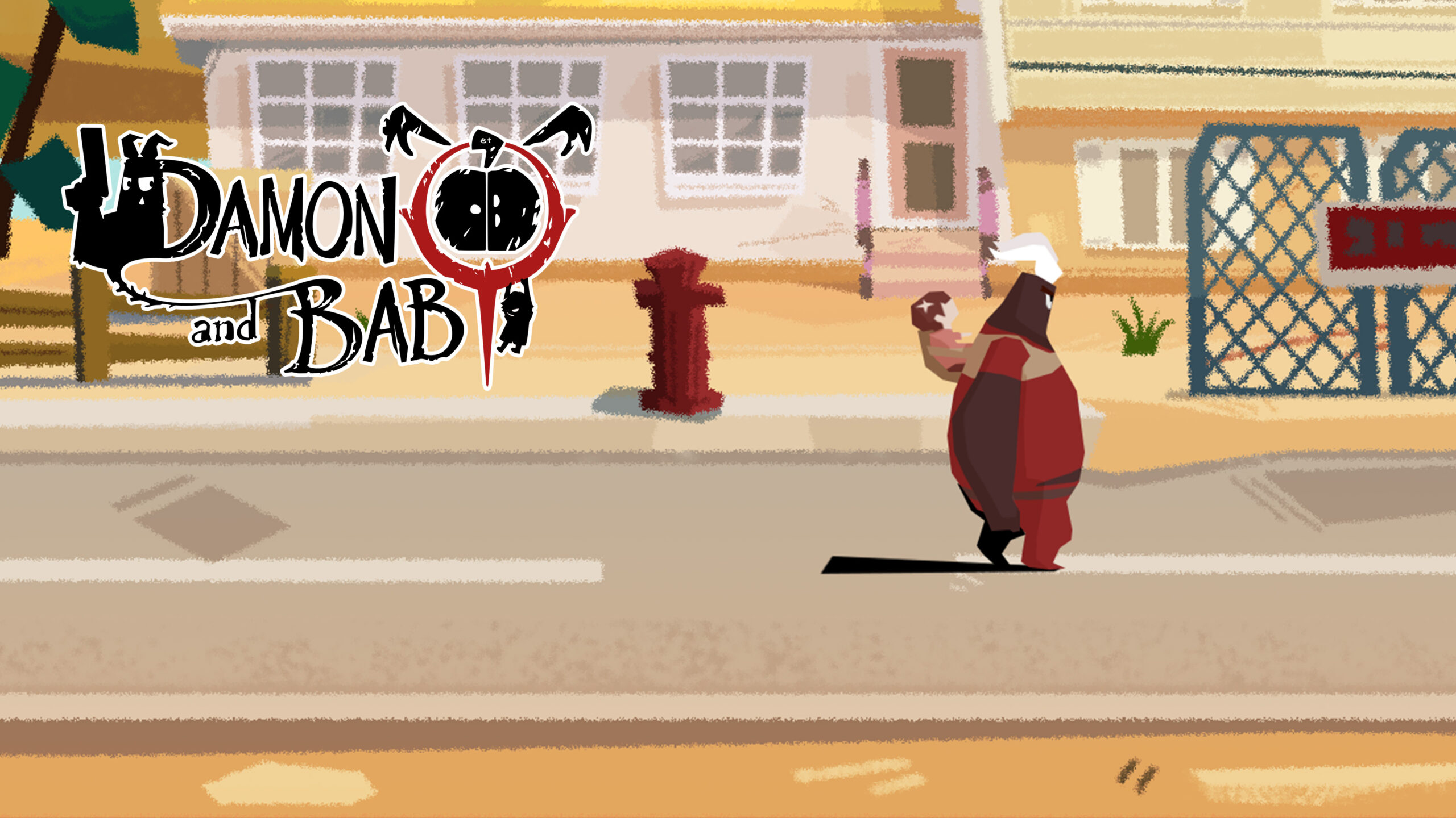 The image depicts Damon the demon and the baby he carries on his back walking down a street in front of a residential area.