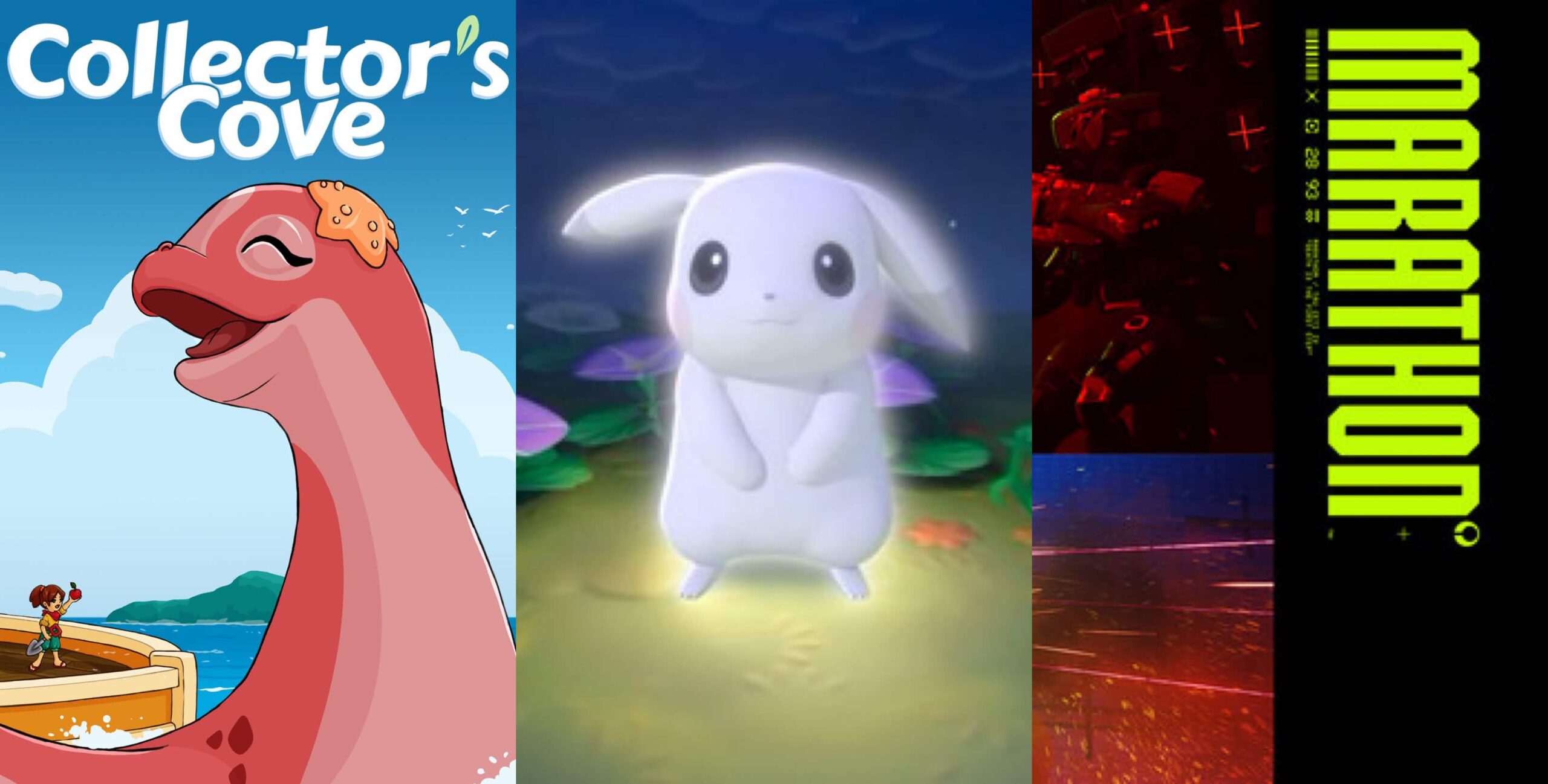 An image depicting the cover of Collector's Cove, a ghost Pikachu from Pokopia, and Bungie's Marathon the Game logo for the March Games Guide 2026.