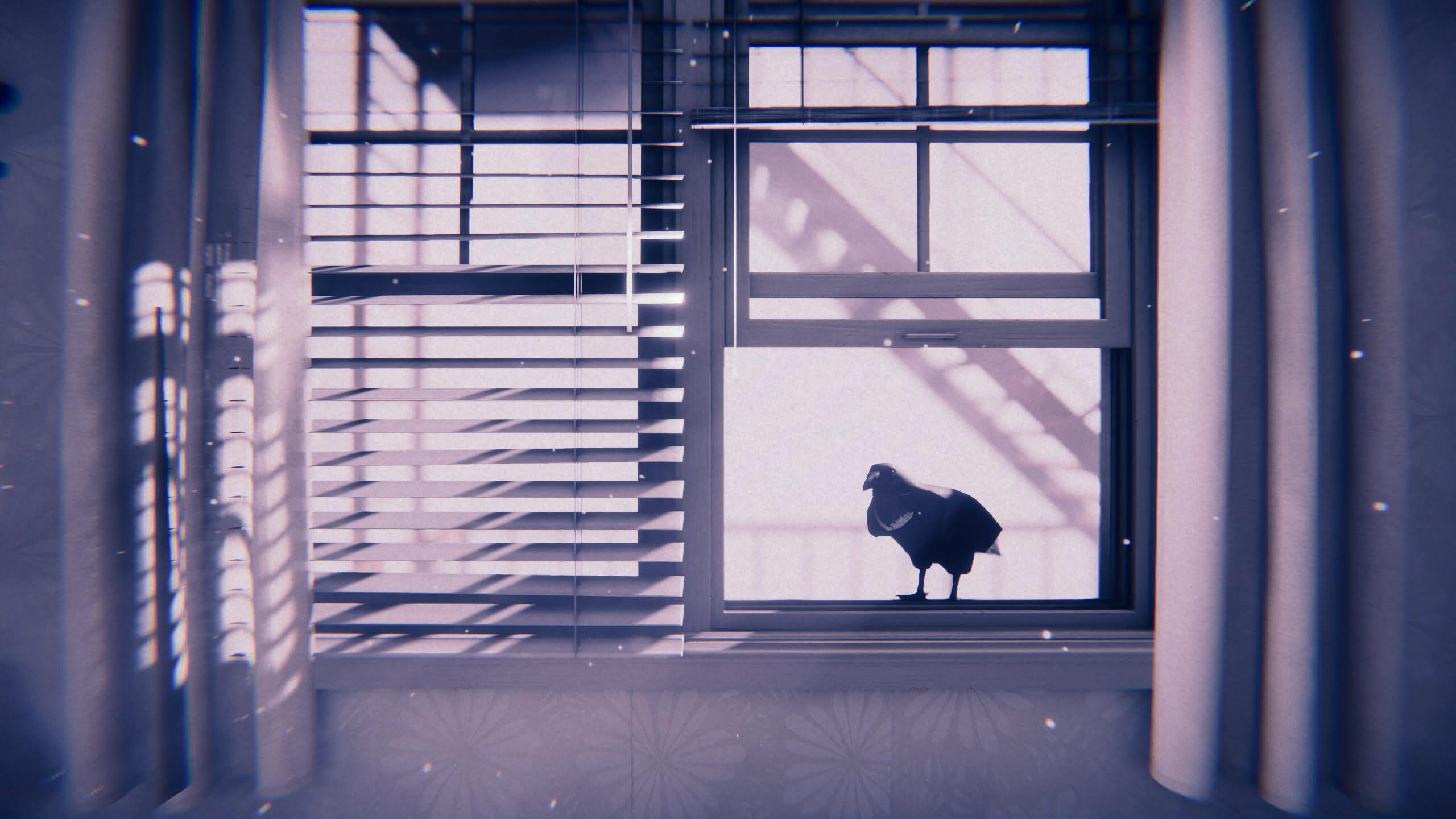 An image from Project Songbird depicting two windows overlooking a fire escape. One window is open with a crow sitting on the sill.