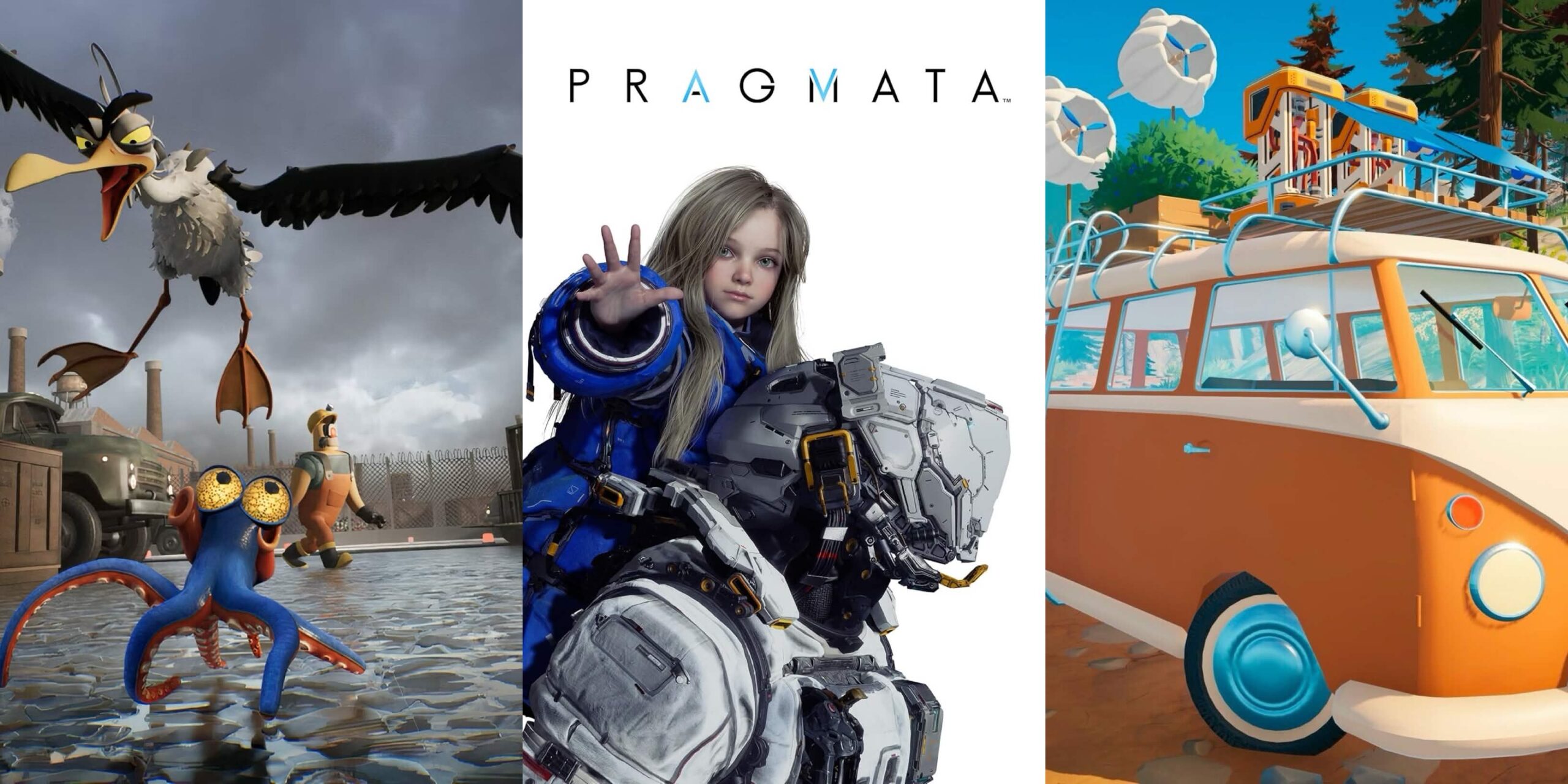 An image depicting game art from Darwin's Paradox, Pragmata and Outbound.