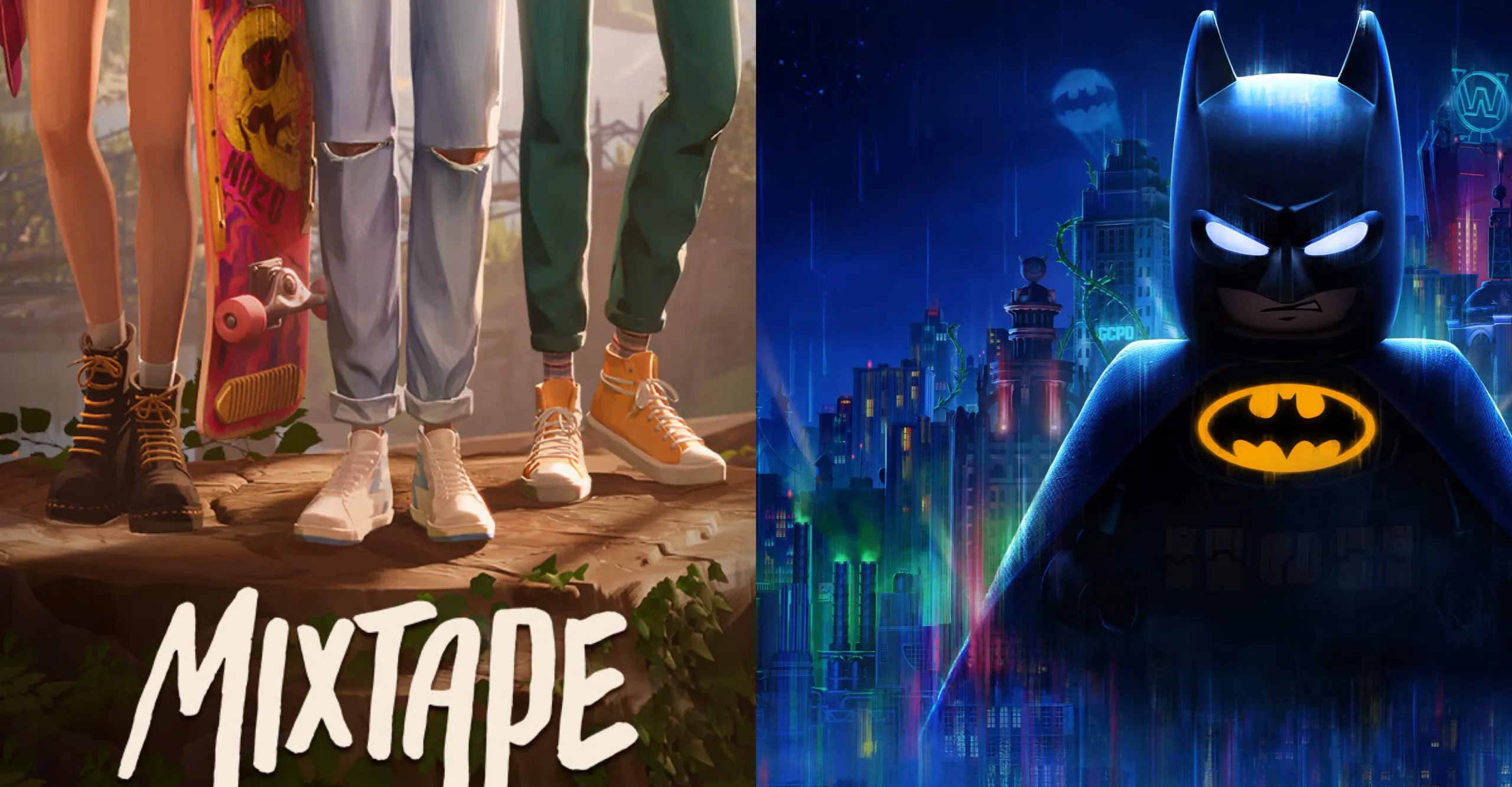 An image depicting the cover of the game Mixtape and Lego Batman for this May's Monthly Game Guide.