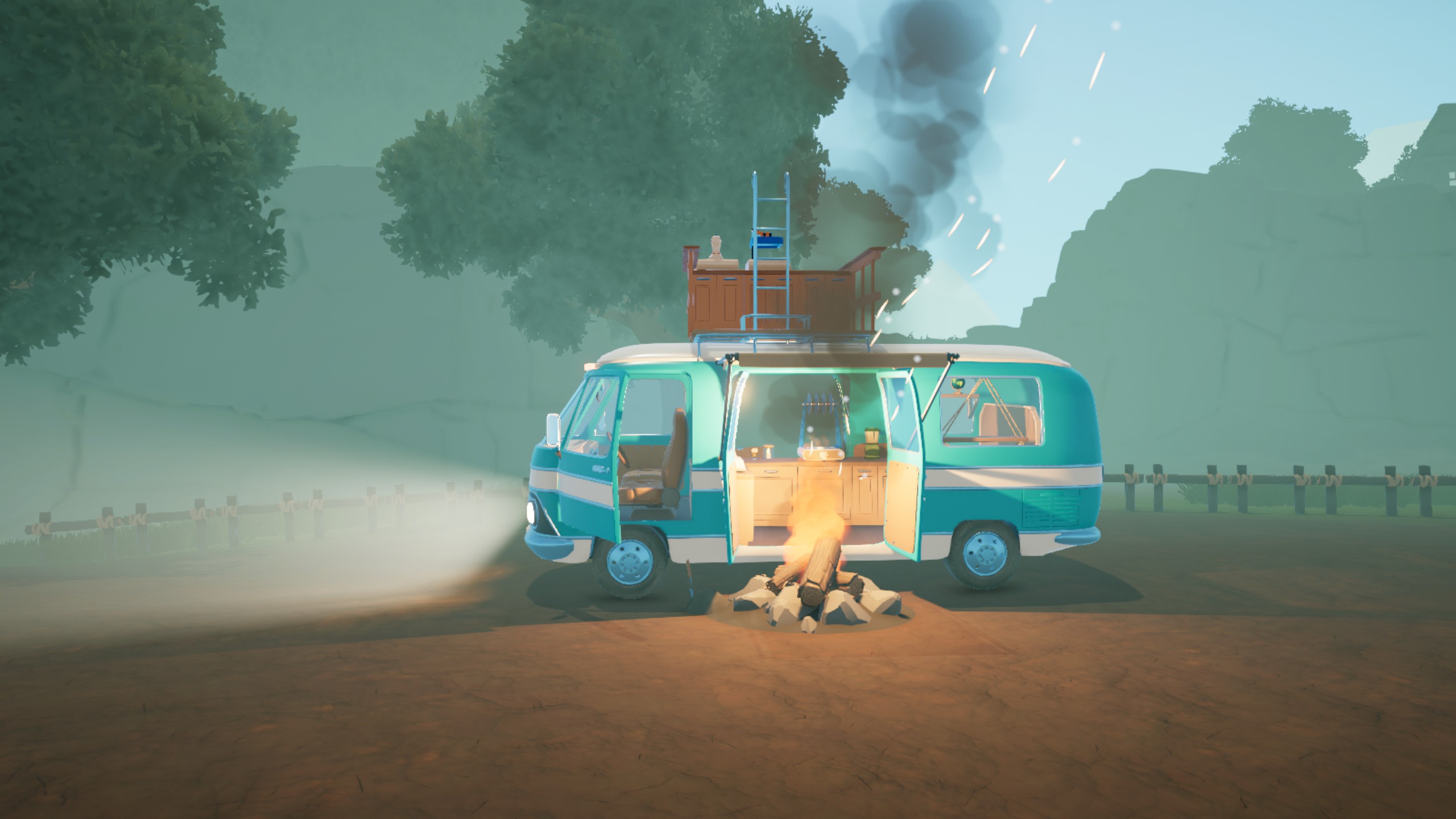An image depicting a teal Vanogan with its canopy open over an open fire in Outbound.