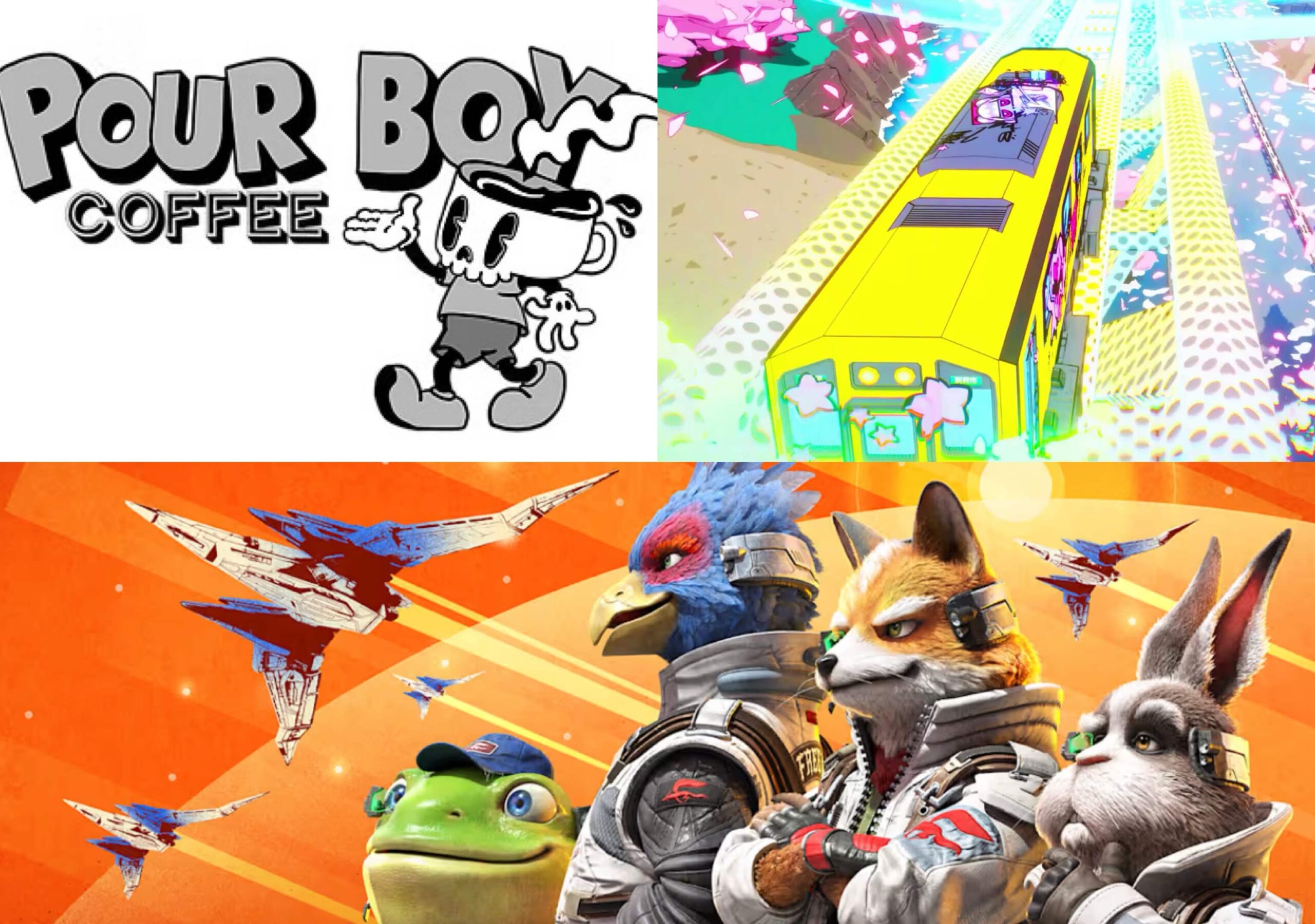 An image depicting the black and white logo of Pour Boy Coffee, the technicolor of Denshattack!, and the crew of Star Fox.