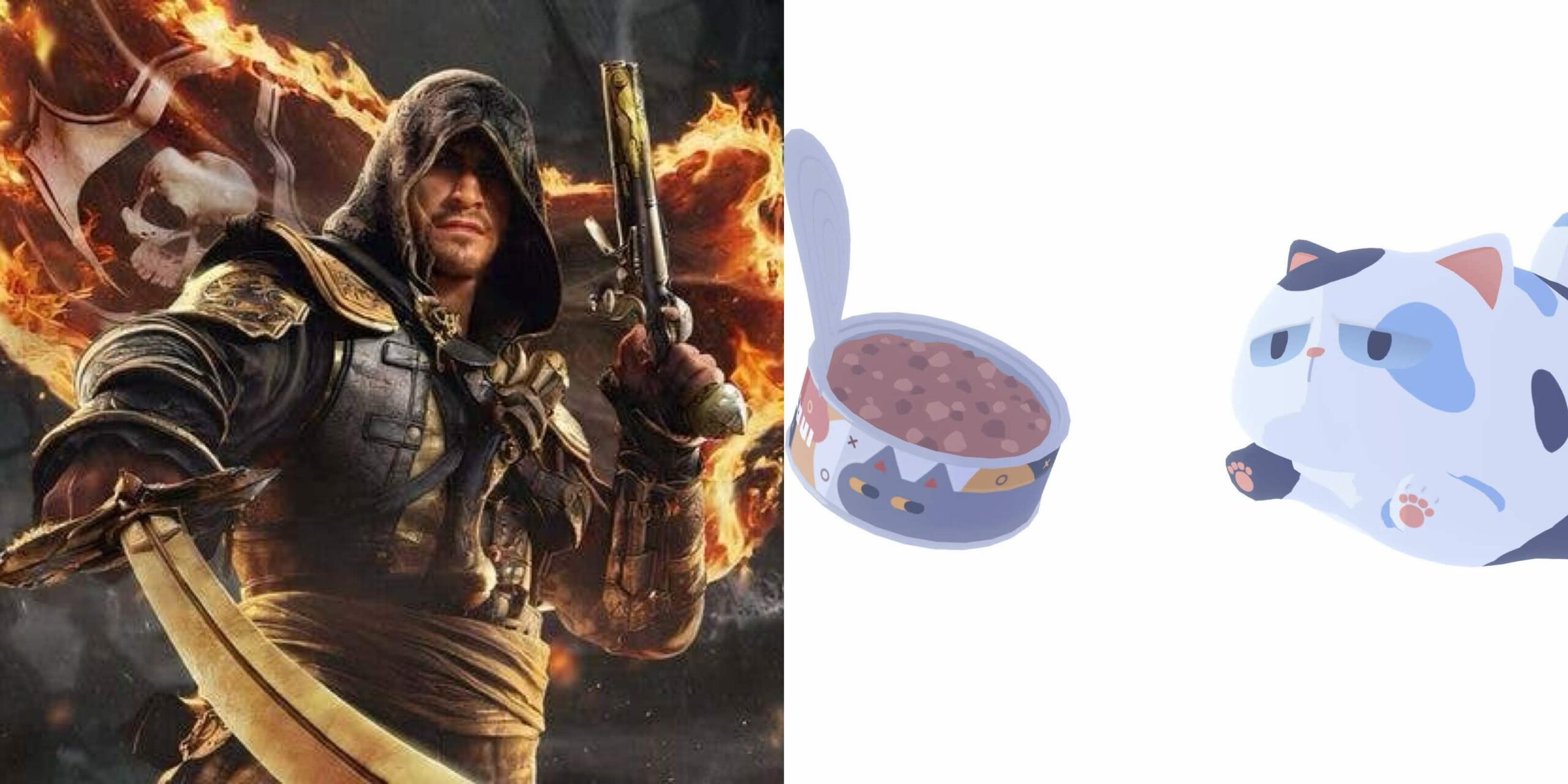 An image showing the protagonist from Assassin's Creed Black Flag on the lefthand side and a cartoon cat from D-Topia jumping to a dish of cat food on the righthand side.