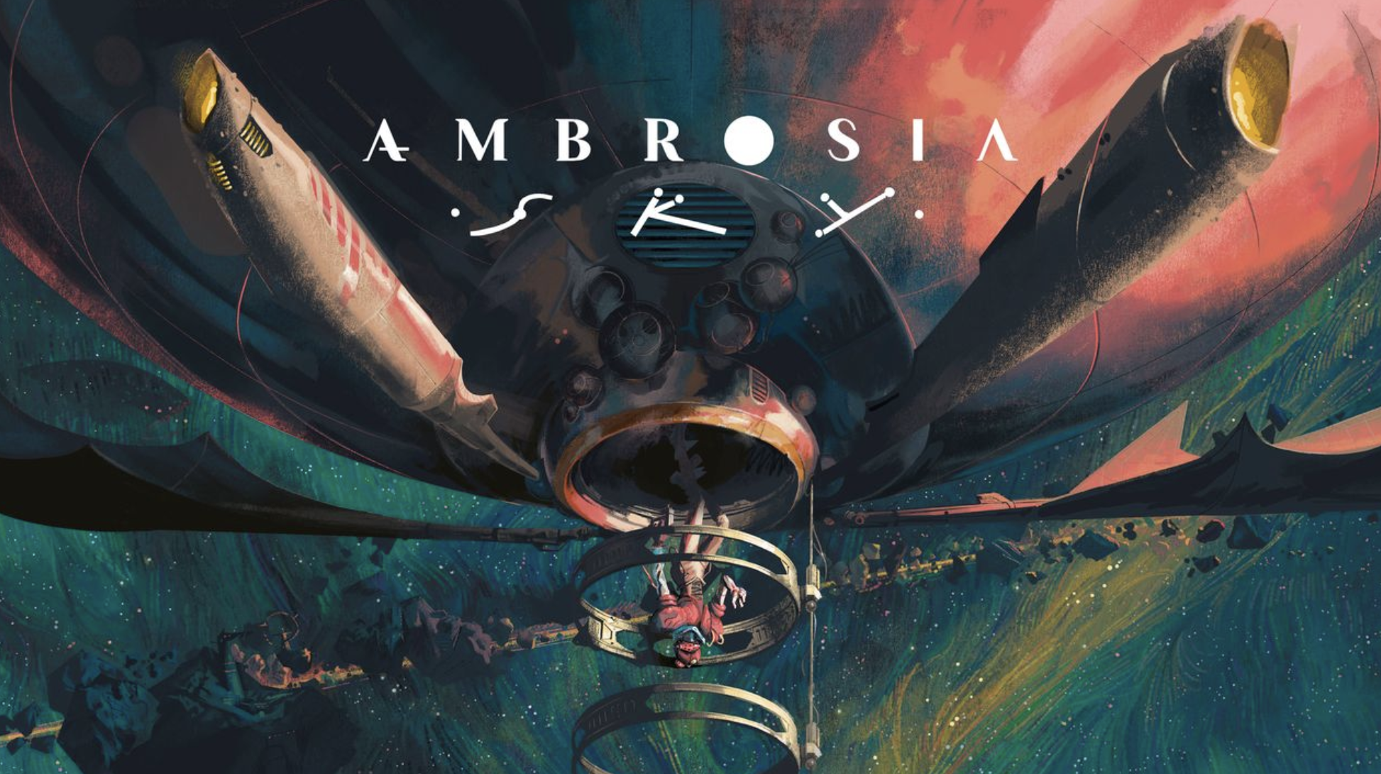 An image depicting a ship in a colorful space sky with Dahlia, the main character of Ambrosia Sky floating in the middle.